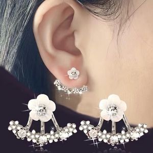 Pretty Silver Toned White Flower & Diamond Cuff Stud Earrings